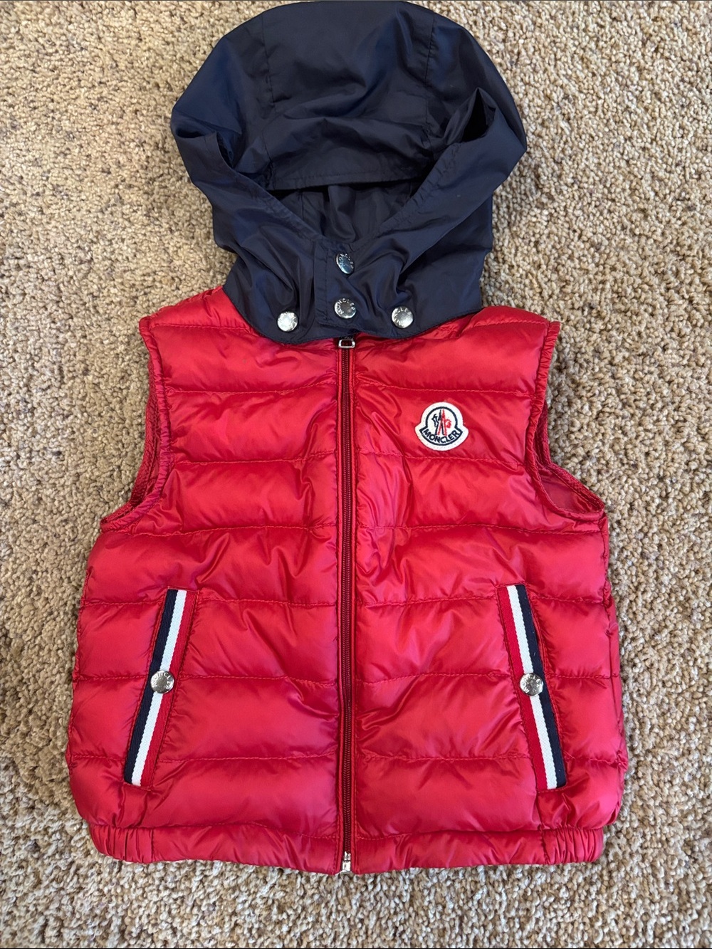Moncler Kids Red Puffer Vest with Navy Hood, size 2